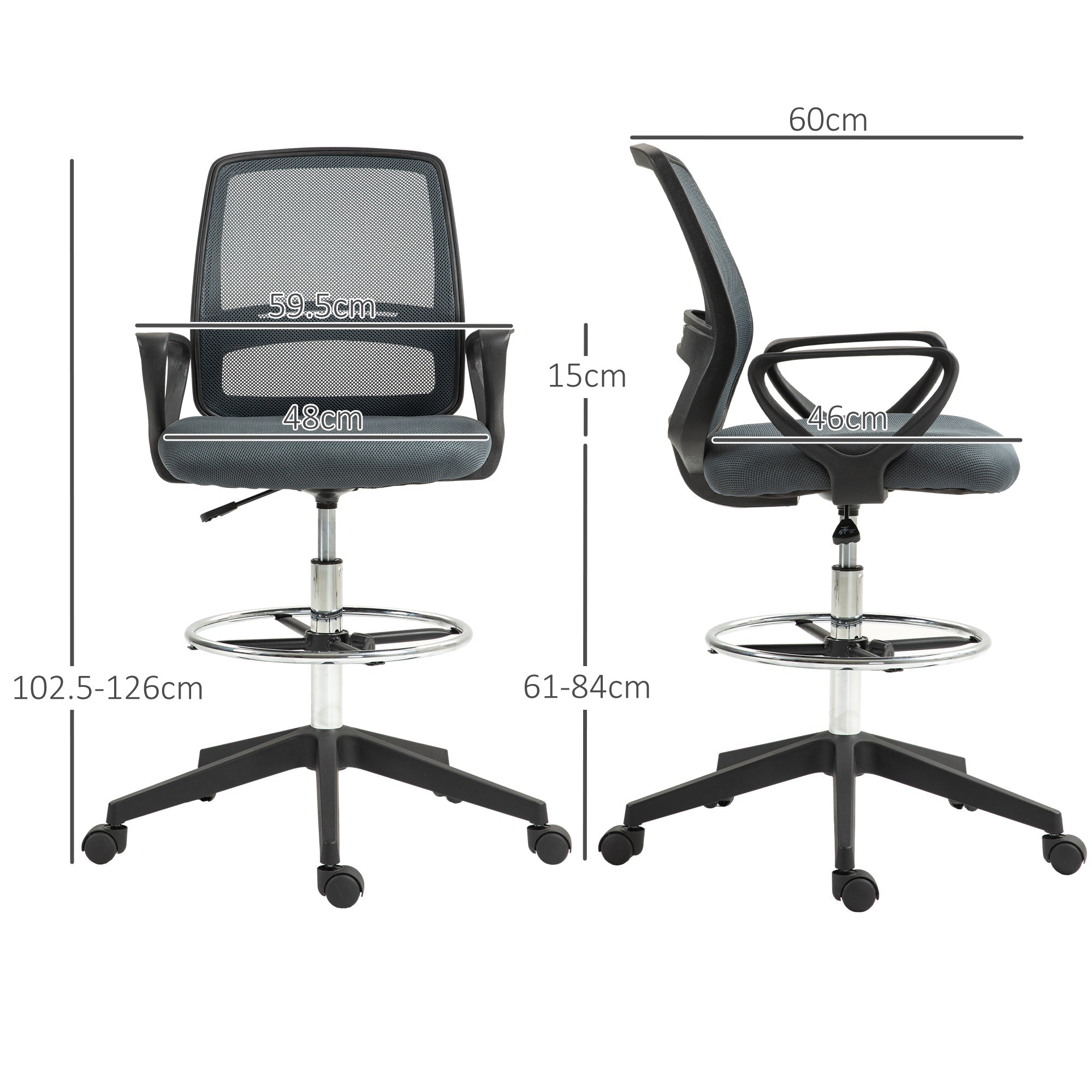 Vinsetto 102.5-126cm Draughtsman Office Chair, with Footrest - Grey