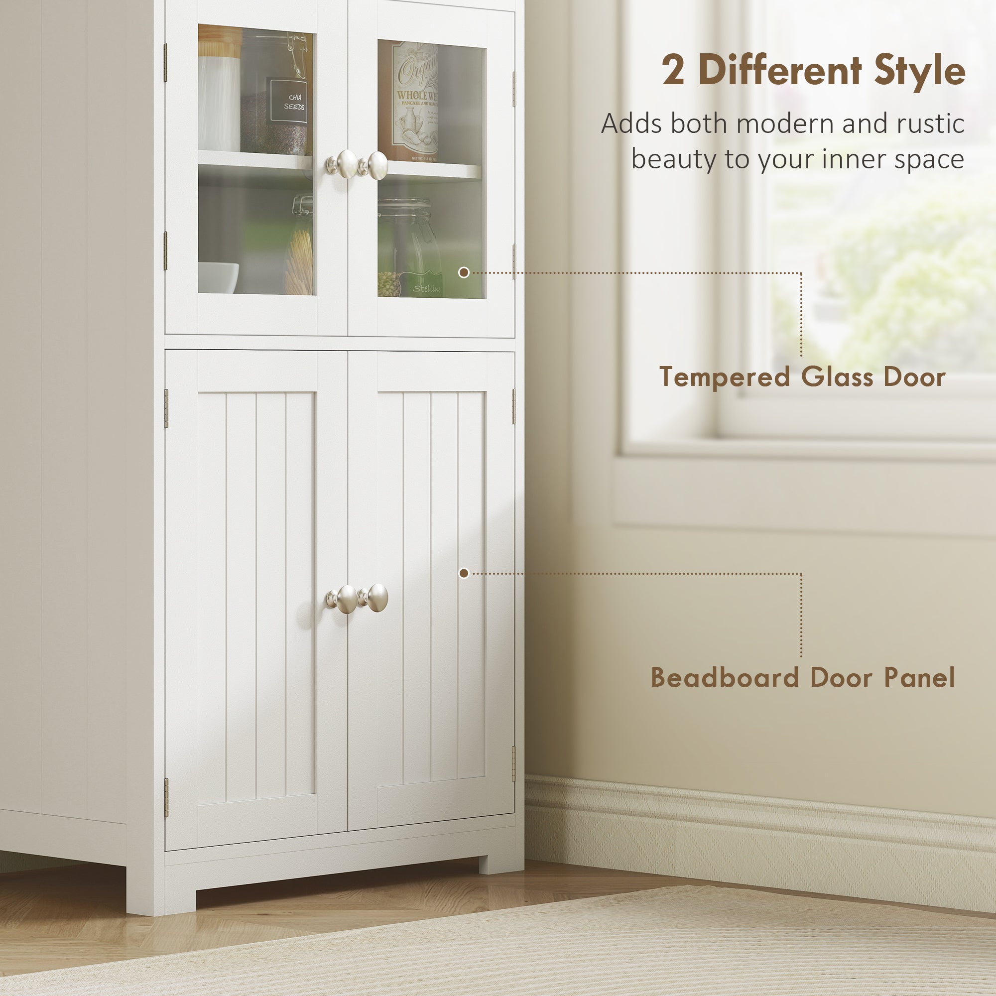 HOMCOM Freestanding Kitchen Cupboard, 4-Door Storage Cabinet with Adjustable Shelf and Glass Doors for Dining Room, Living Room, White