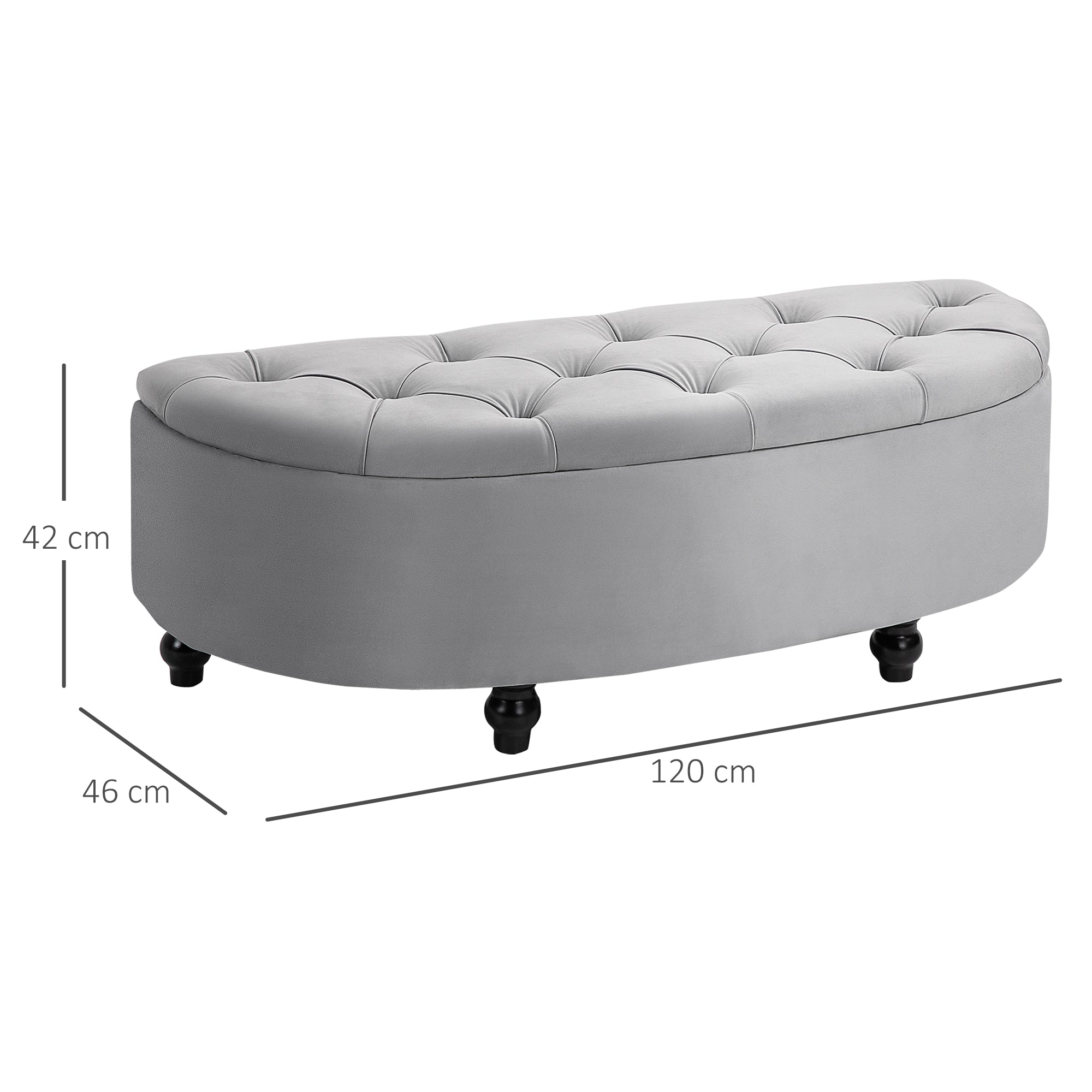 HOMCOM Semi-Circle Ottoman Storage Bench, Bed End Bench, Tufted Upholstered Window Seat Footrest Stool with Rubberwood Legs for Bedroom & Entryway, 120 x 46 x 42 cm, Light Grey