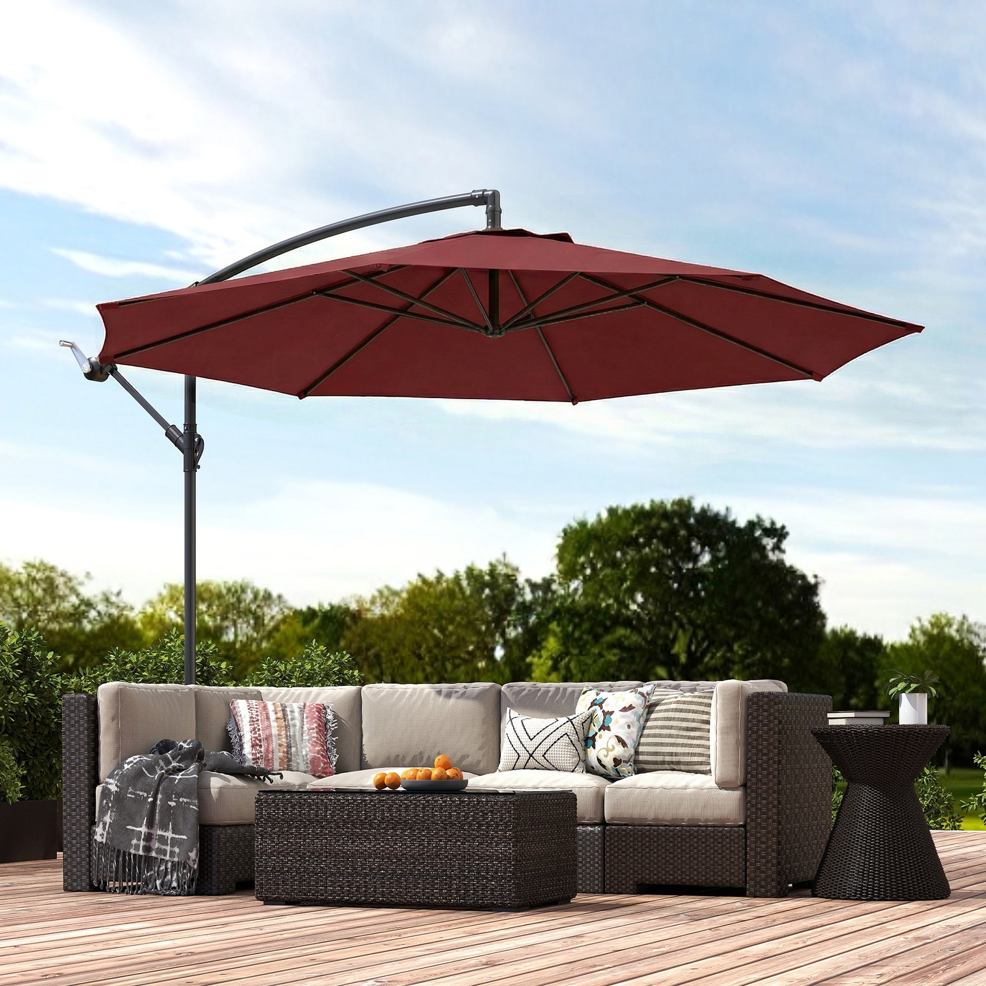 Outsunny 3 m Overhanging Cantilever Parasol, with Cross Base - Wine Red