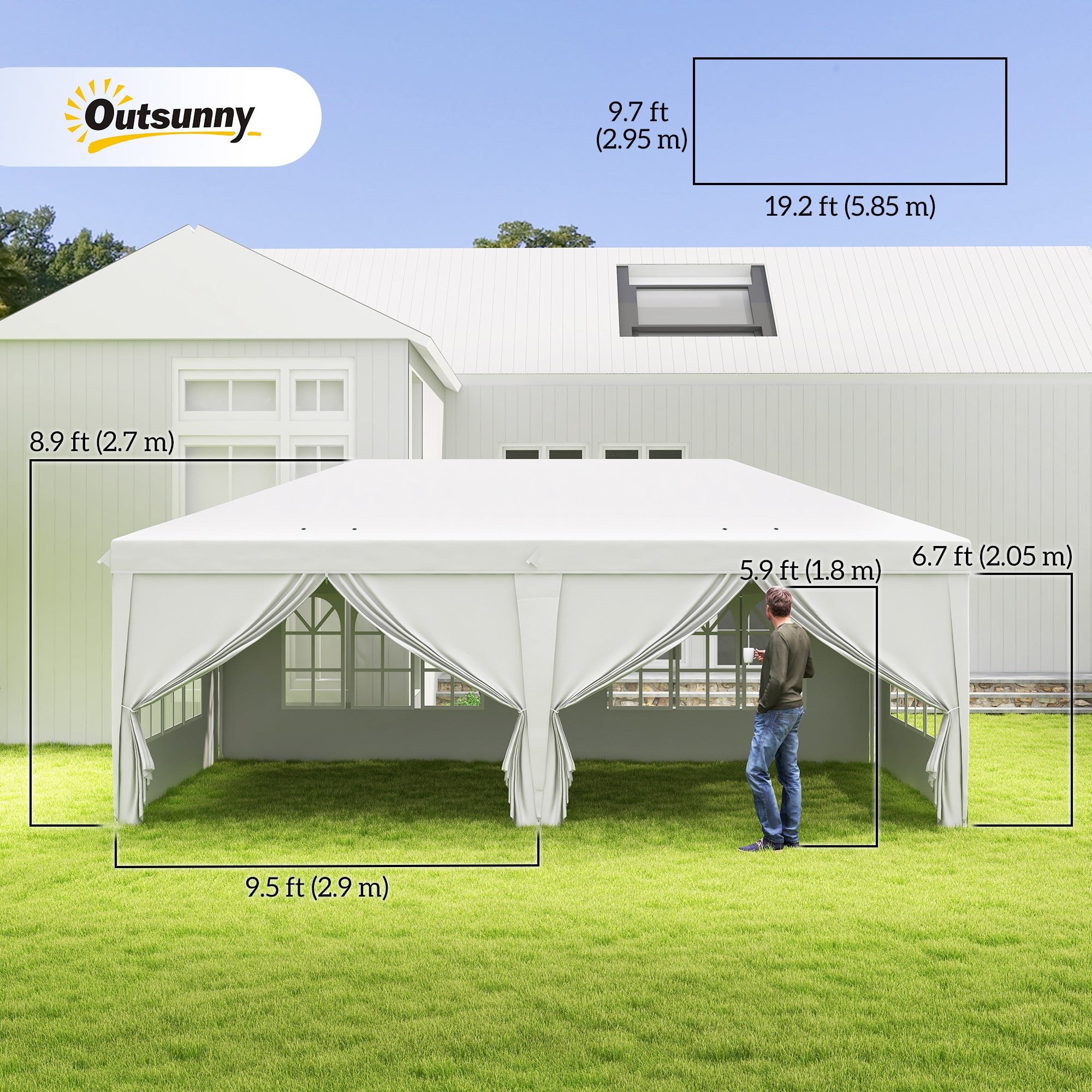 Outsunny 3 x 6 m Garden Pop Up Gazebo, Wedding Party Tent Marquee, Water Resistant Awning Canopy with Sidewalls, Windows, Carry Bag, White