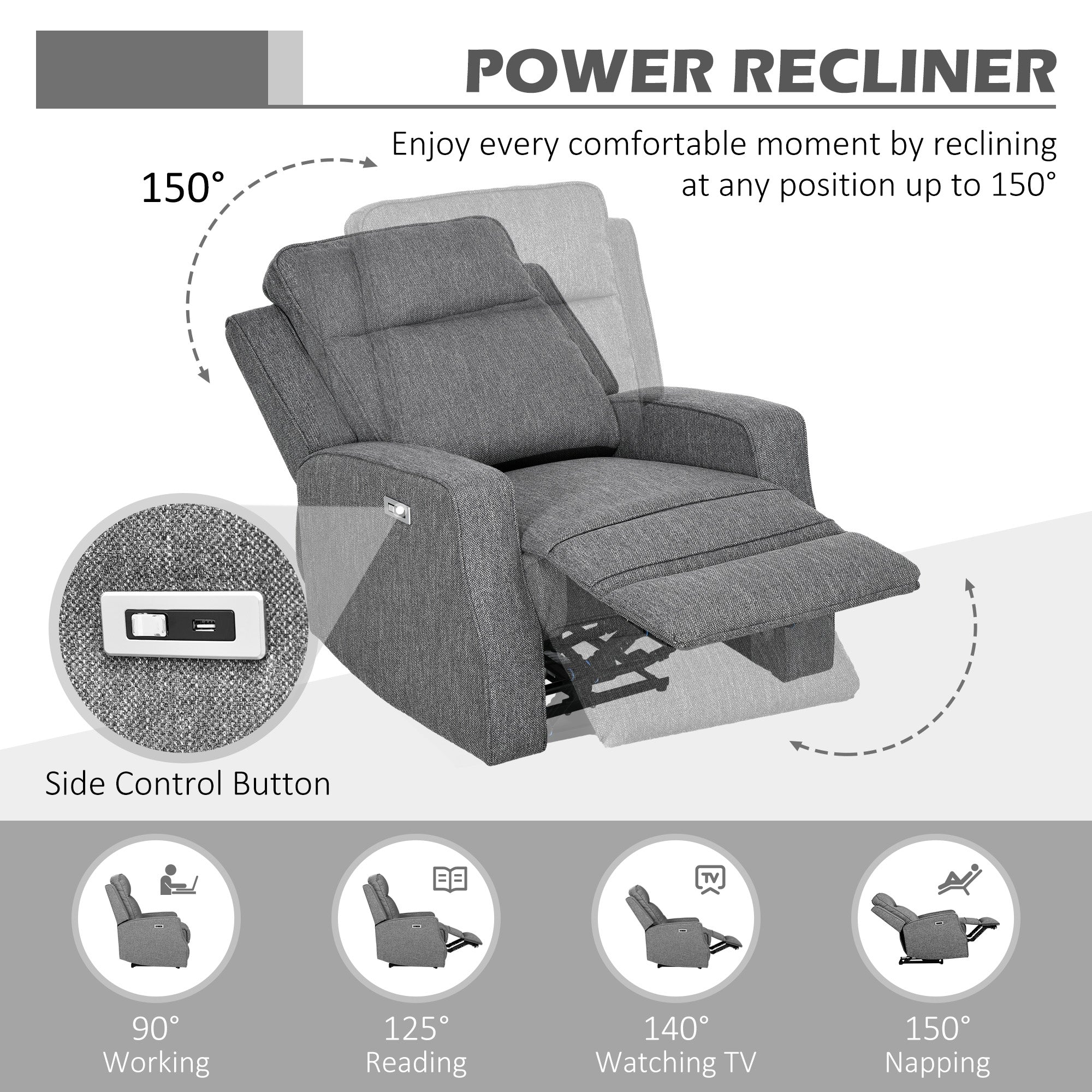 HOMCOM 150  Electric Reclining Chair, with USB port and Footrest - Charcoal Grey
