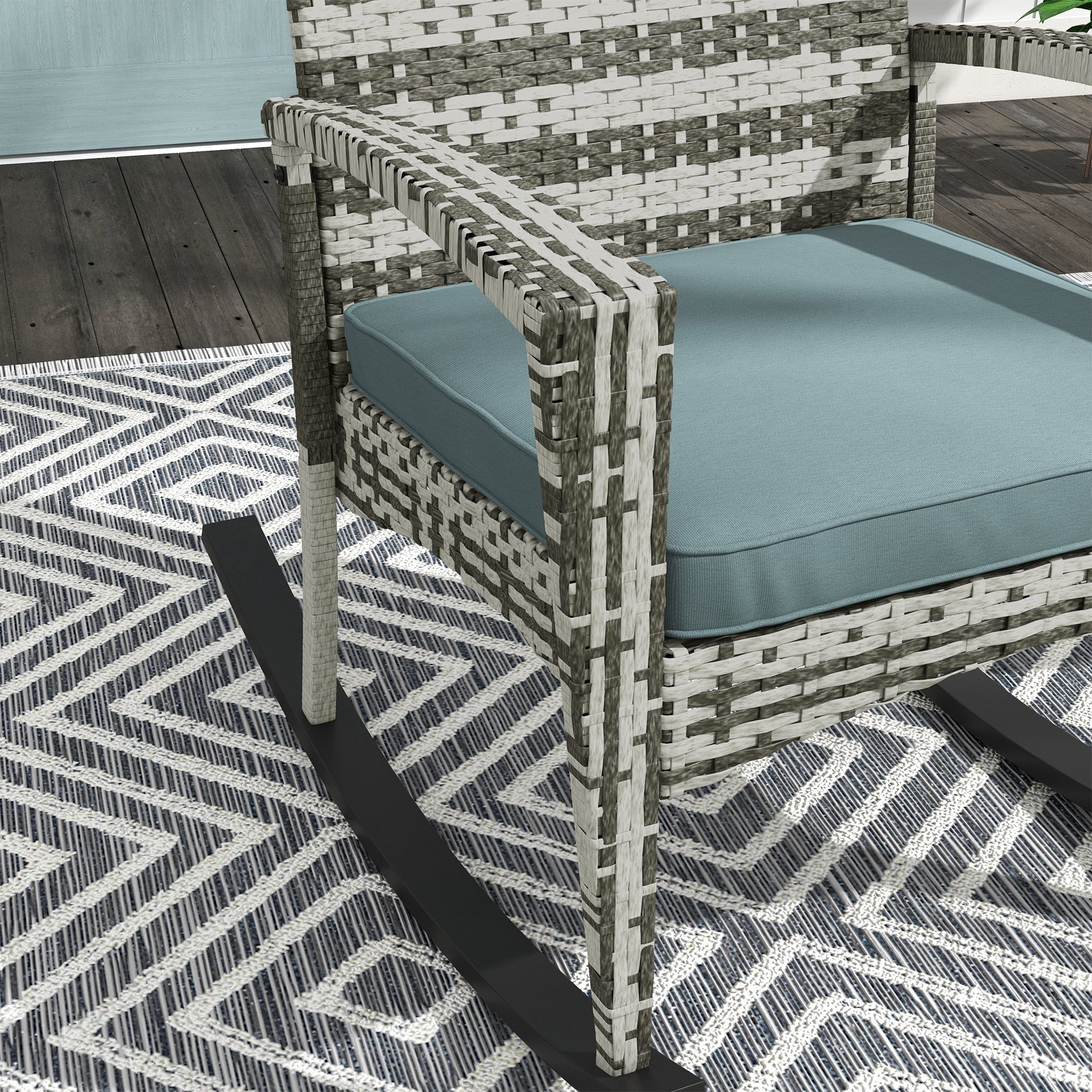 Outsunny PE Rattan Garden Rocking Chair, Outdoor Rocking with Cushion, 160 KG Capacity Wicker Garden Armchair Rocker with Metal Frame for Patio, Porch, Balcony, Light Grey