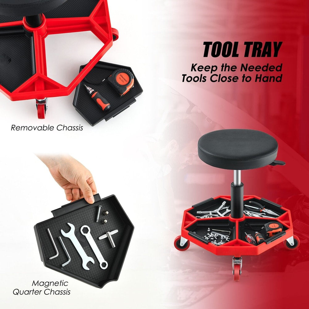 Red creeper seat with removable tool tray and magnetic quarter chassis
