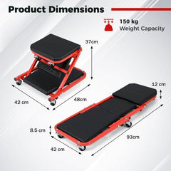 Dimensions diagram of the creeper seat in both configurations