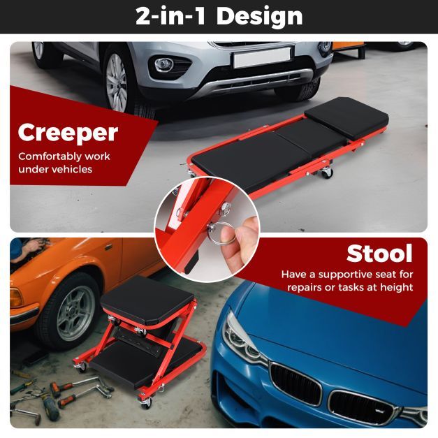 Diagram showing the creeper seat's 2-in-1 design as a creeper and a stool