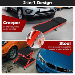 Diagram showing the creeper seat's 2-in-1 design as a creeper and a stool