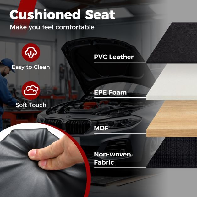 Close up of the creeper seat's cushioned PVC leather surface