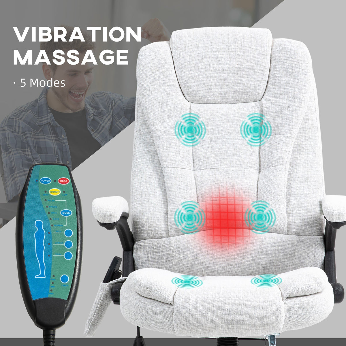 Vinsetto Massage Recliner Chair Heated Office Chair with Six Massage Points Linen-Feel Fabric 360  Swivel Wheels Cream White