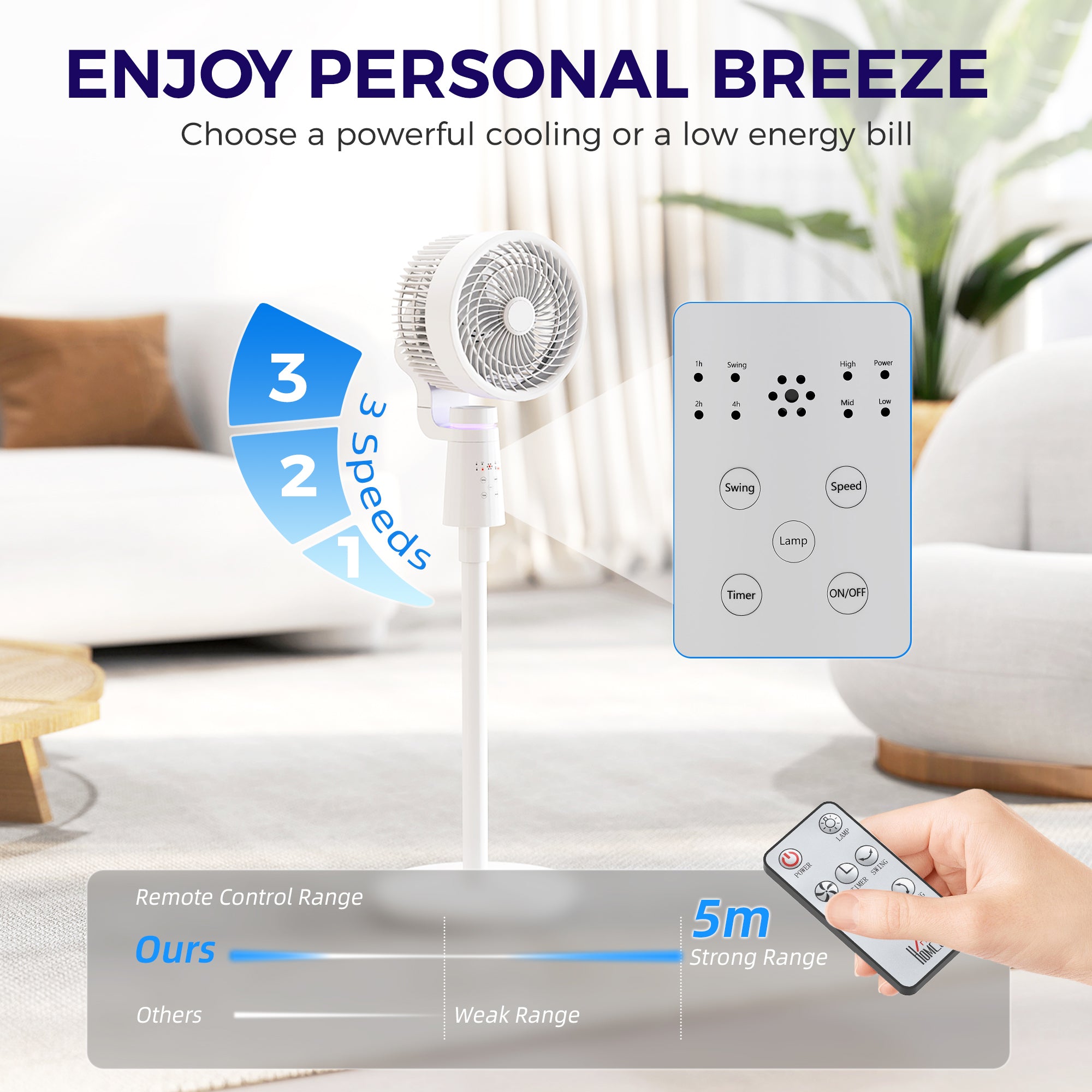 HOMCOM Pedestal Air Circulation Fan with Oscillating, Light Off, White