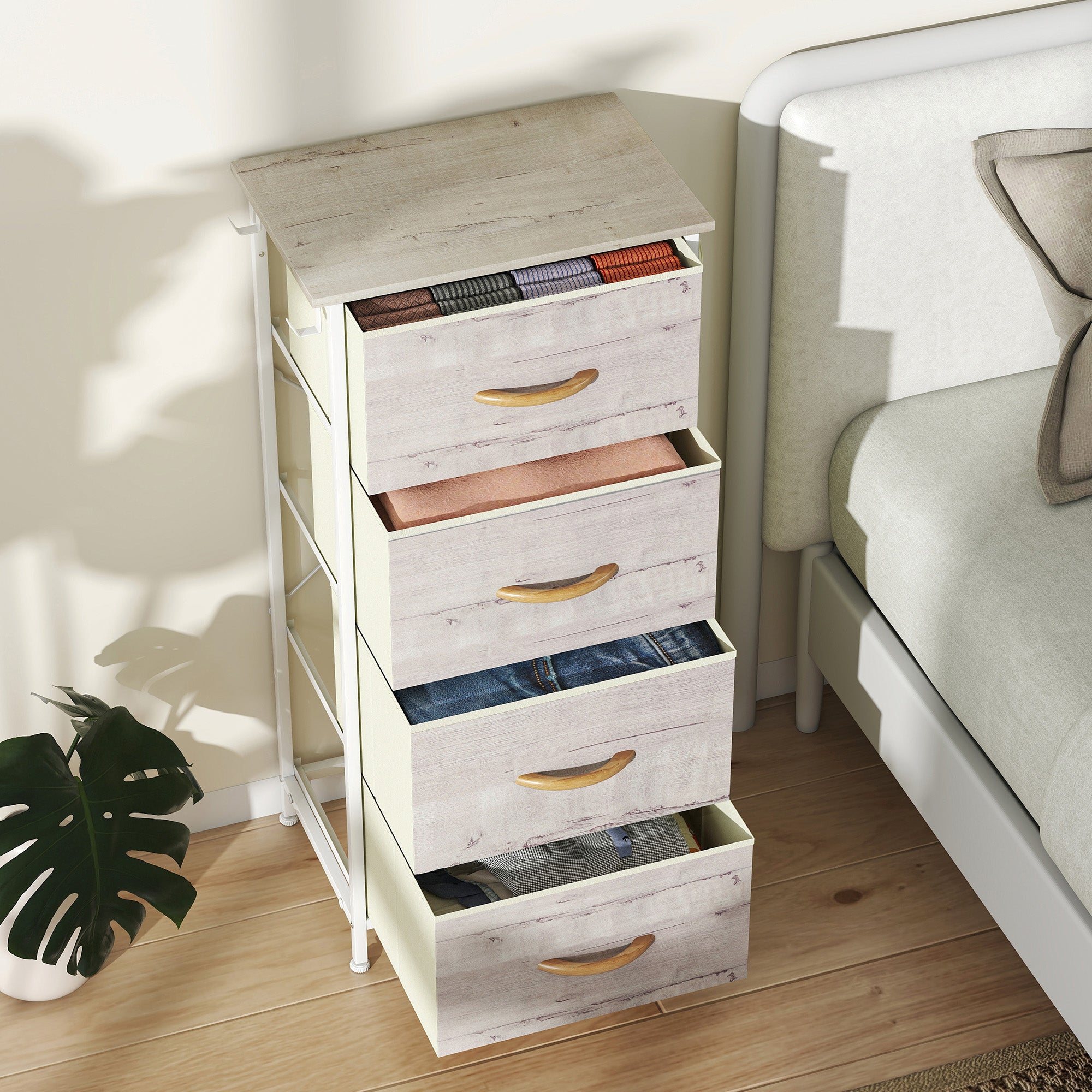 HOMCOM Chest of Four Fabric Drawers - Natural Wood Finish