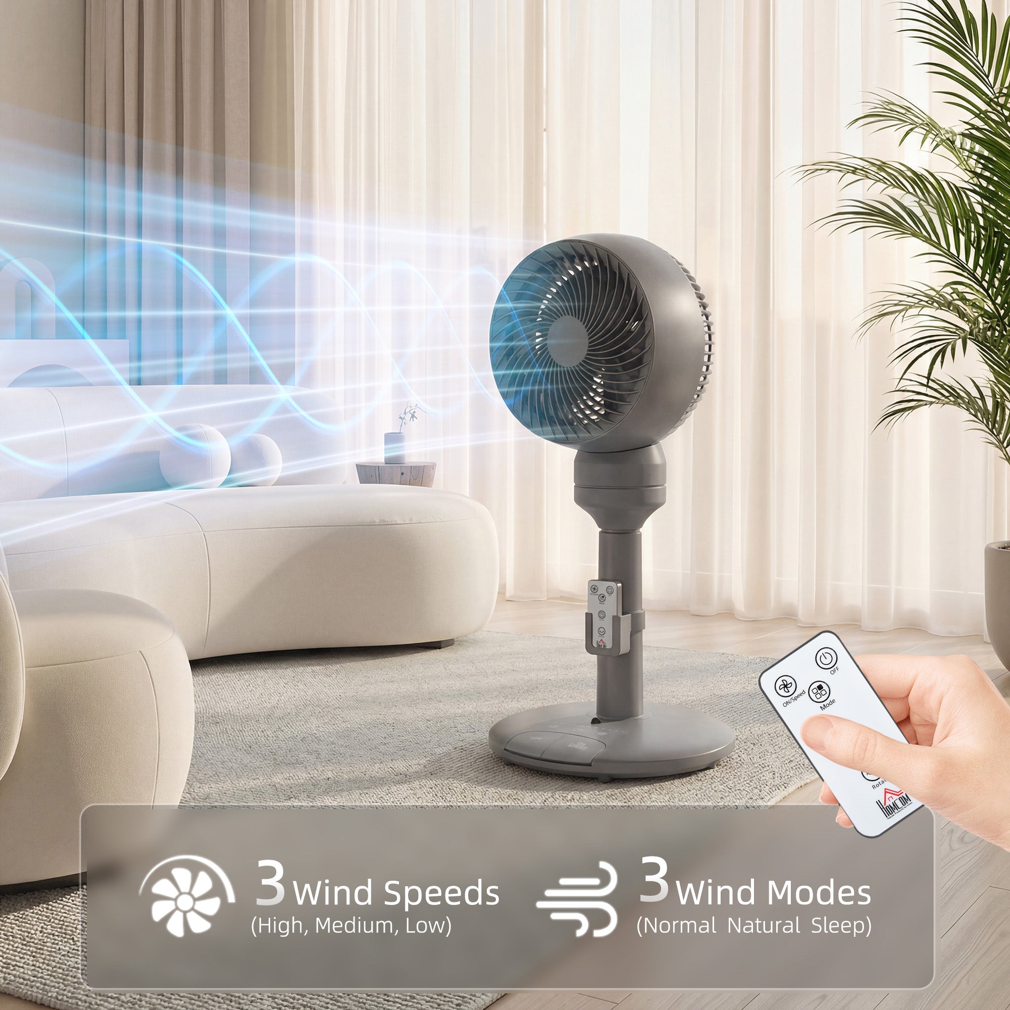 HOMCOM Air Circulator Fan Pedestal Cooling Fan with 3 Speed 3 Mode and Remote Control, 9 Inch, Grey