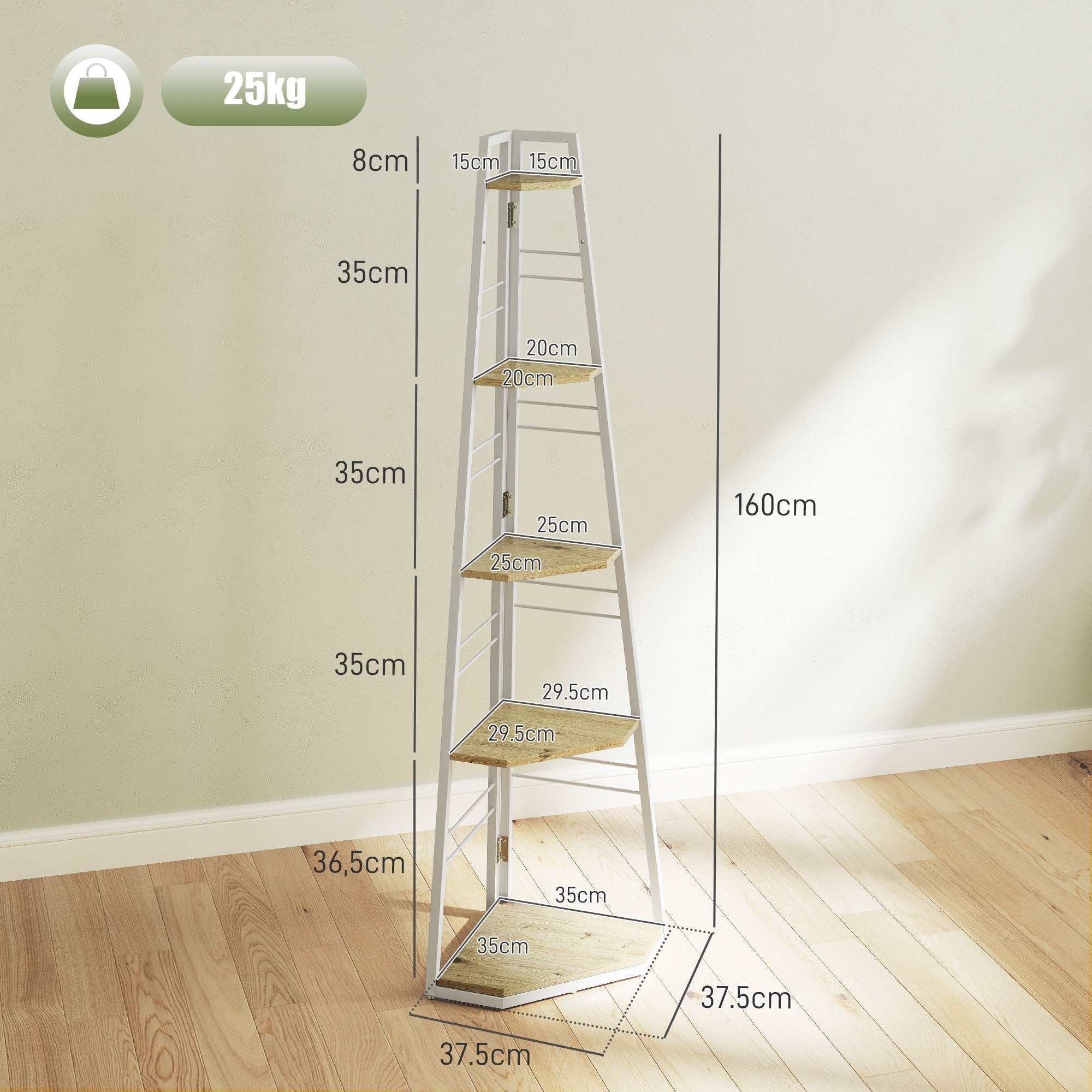 HOMCOM Five-Tier Corner Shelf - White/Wood-Effect