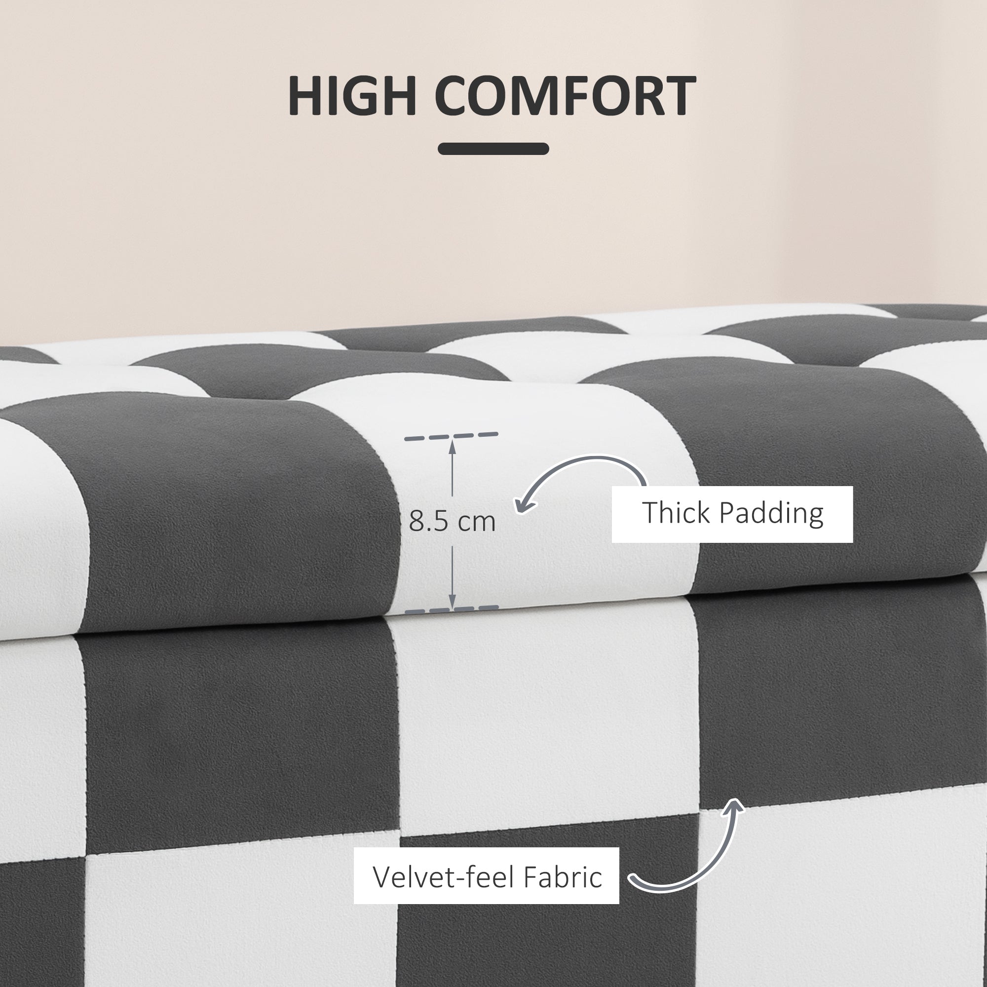 HOMCOM 114 x 47 x 47cm Velvet Storage Ottoman, Button-tufted Footstool Box, Toy Chest with Lid for Living Room, Bedroom, Dark Grey and White