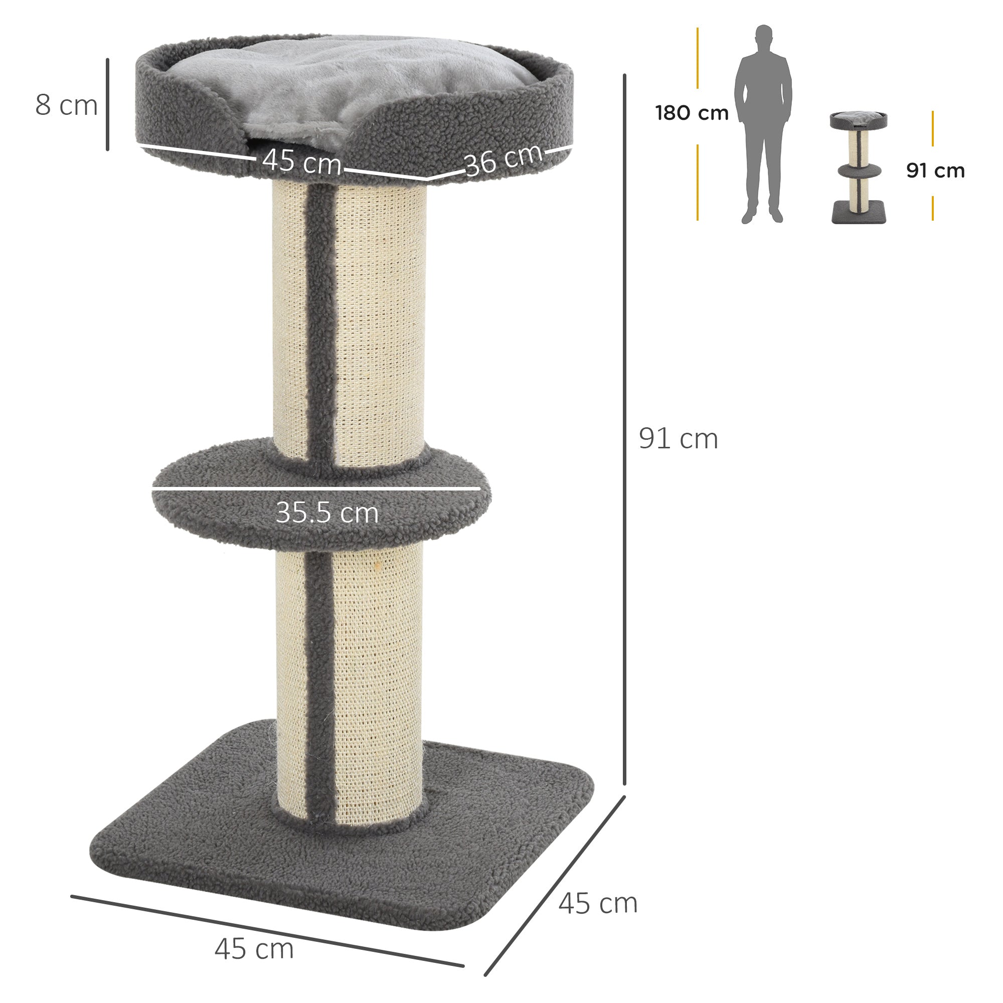 PawHut 91cm Cat Tower Scratching Posts Cat Tree for Indoor Kittens Activity Centre Grey