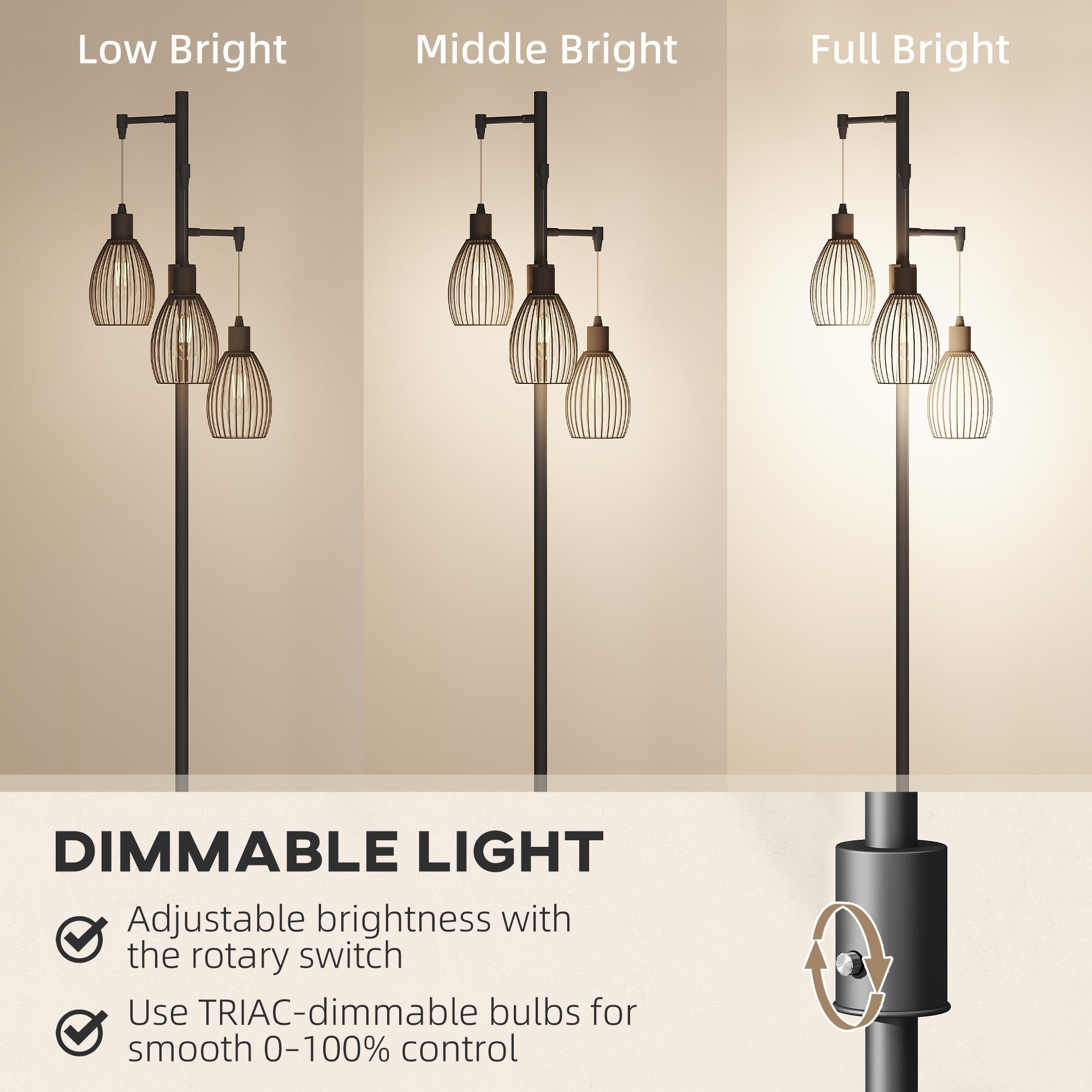 HOMCOM 3-Light LED Floor Lamp, 170cm Industrial Dimmable Standing Lamp with Steel Wire Cage Lampshades, 2700K for Living Room, Bedroom, Dining Room, Study, Black