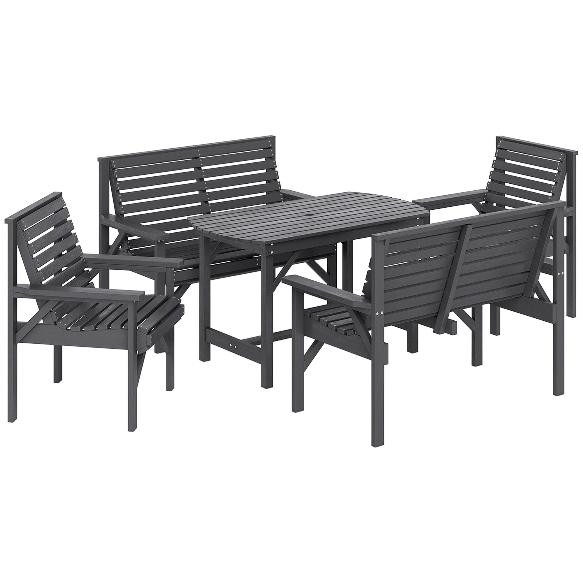 Outsunny 5 Piece Wooden Garden Dining Set for 6, Outdoor Conversation Set with 2 Armchairs, 2 Loveseats and Dining Table with Umbrella Hole for Patio, Balcony, Grey