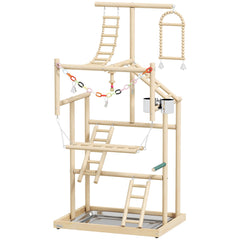 PawHut 95 cm Wooden Bird Playground with Ladders, Chain Toy, Stainless Steel Cups and Tray, Bird Cage Accessories, Natural