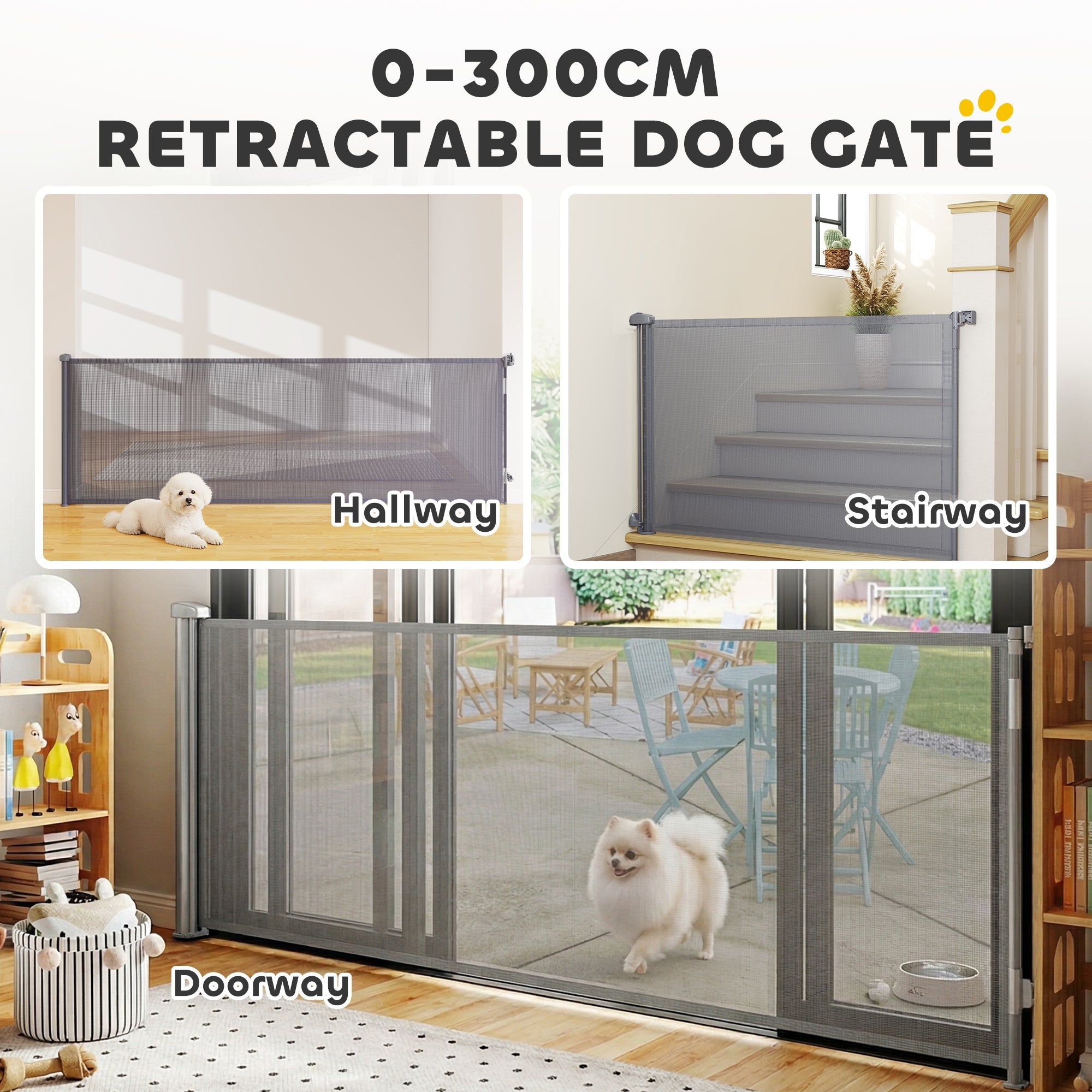 PawHut Retractable Dog Gate, Extends to 300 cm Wide & 104 cm Tall, Mesh Pet Gate Single Hand Operation, for Stairs Doorways