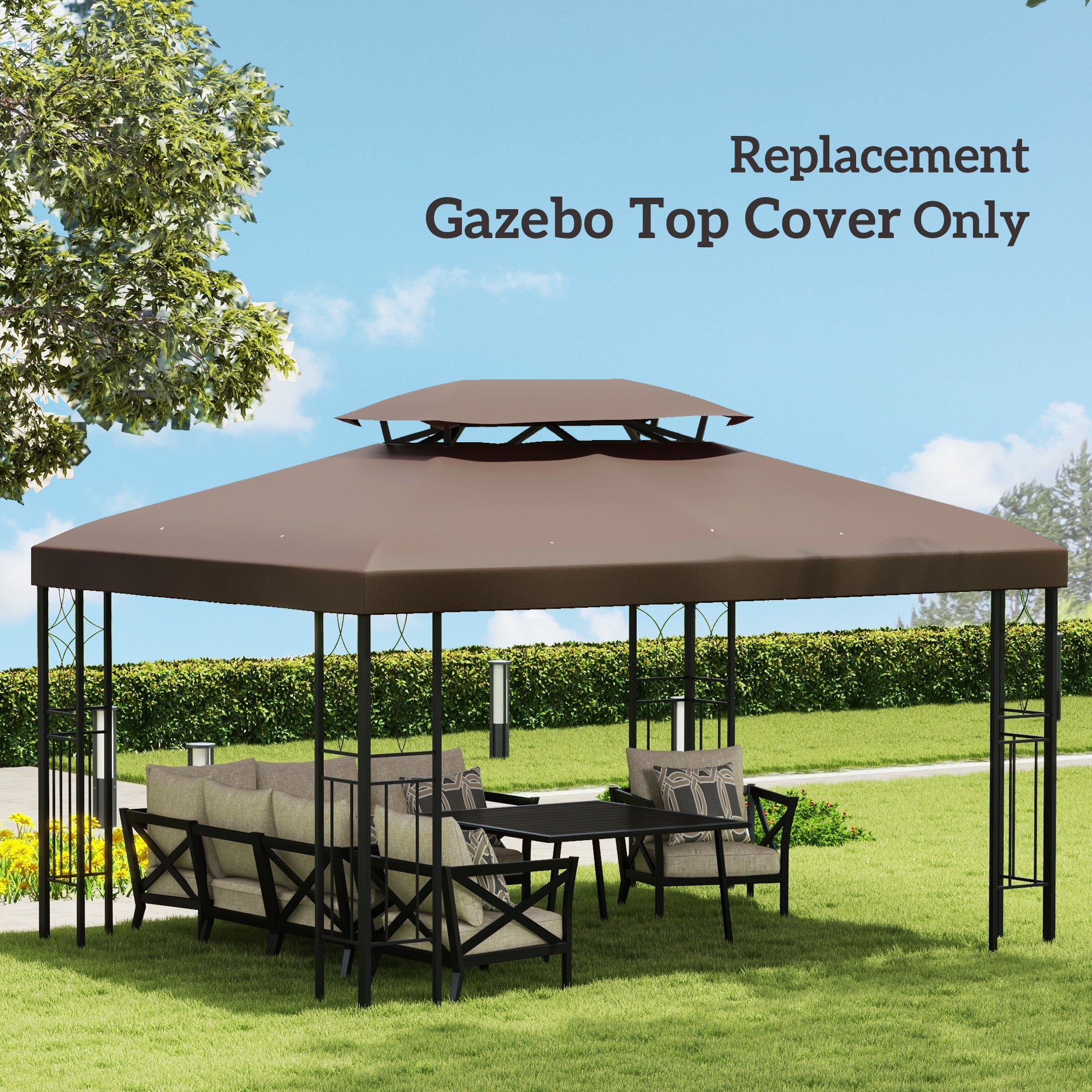 Outsunny 3x4m Gazebo Replacement Roof Canopy 2 Tier Top UV Cover Garden Patio Outdoor Sun Awning Shelters, Brown (TOP COVER ONLY)