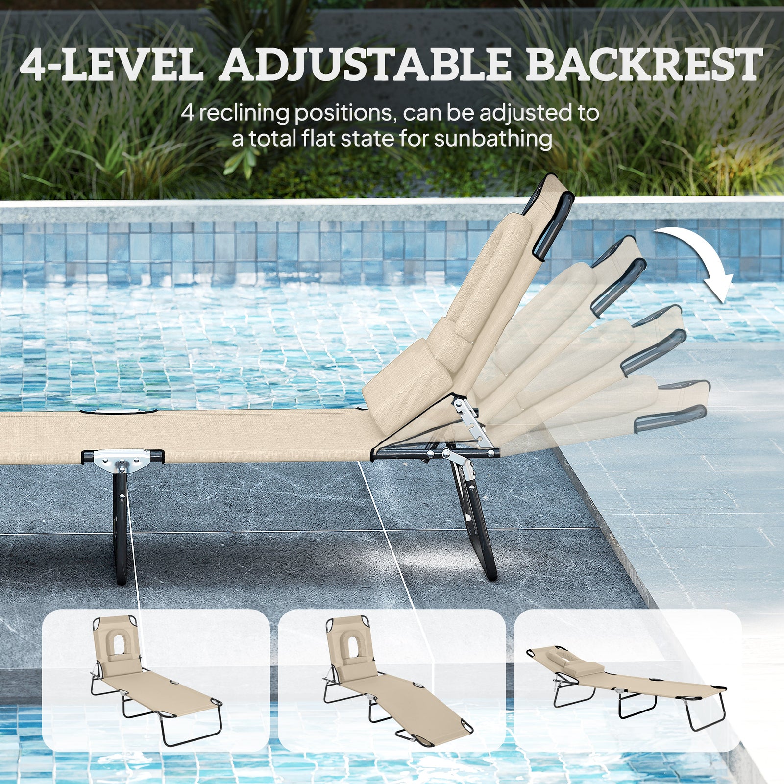 Outsunny Folding Sun Lounger with Face Hole, 4-Position Adjustable Backrest Garden Recliner Chair Sunbed, Outdoor Lounge Chair with 600 D Oxford Cloth Seat, Pillow for Beach, Beige
