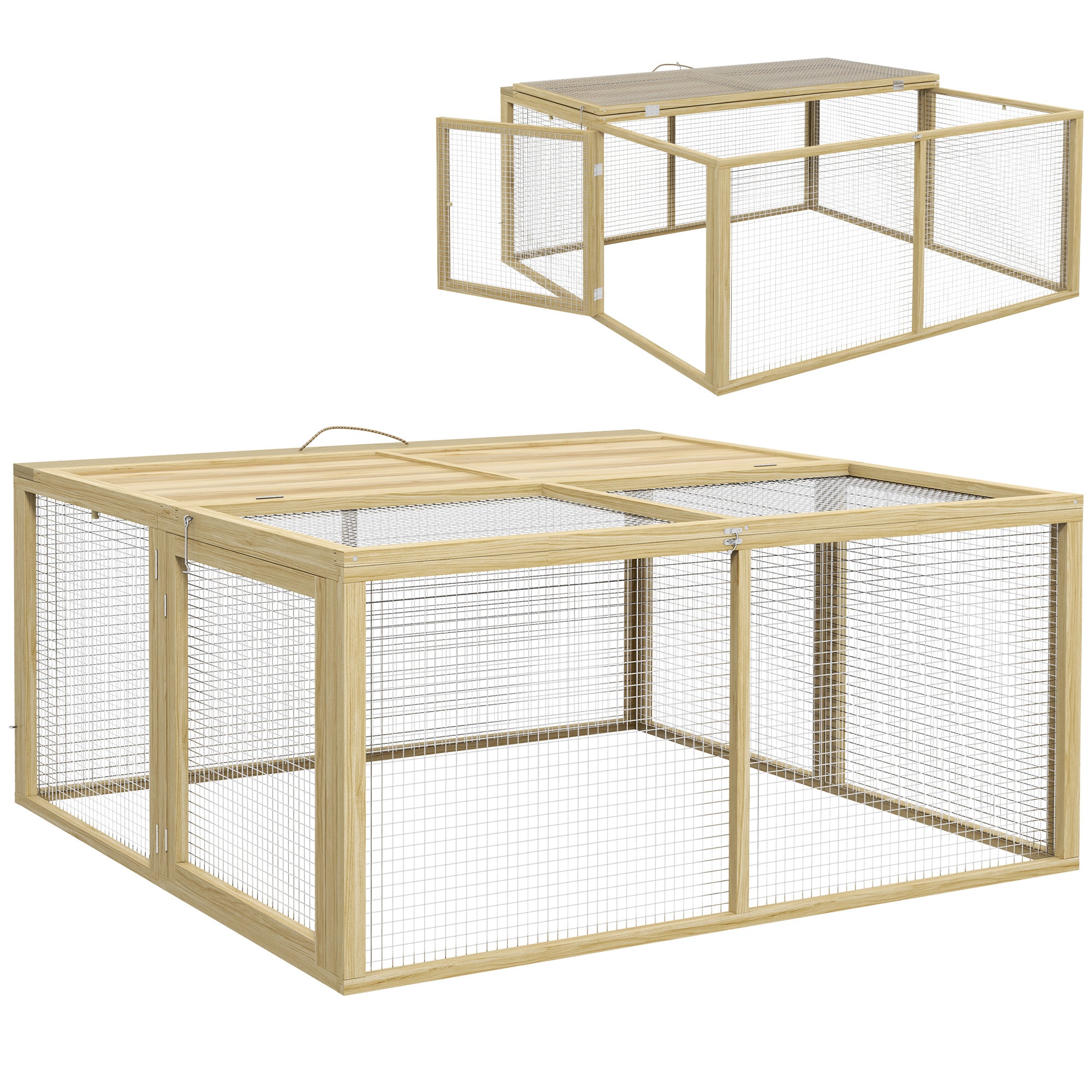 PawHut Wooden Folding Rabbit Hutch, for 2-3 Rabbits - Natural Wood
