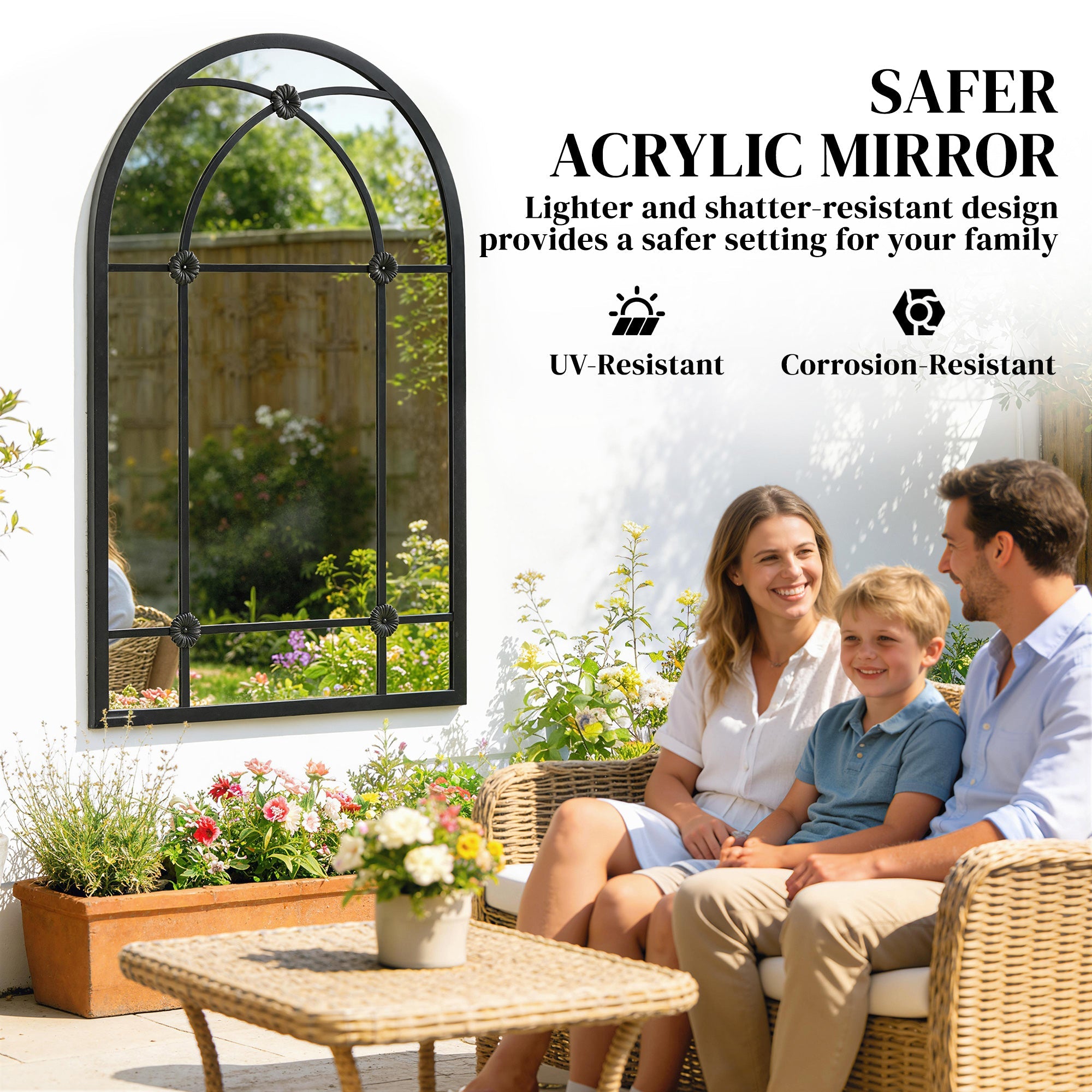 Outsunny Arched Mirror, Shatterproof Acrylic Windowpane Wall Mounted Mirror with Robust Metal Frame, 100 x 60 cm, Black
