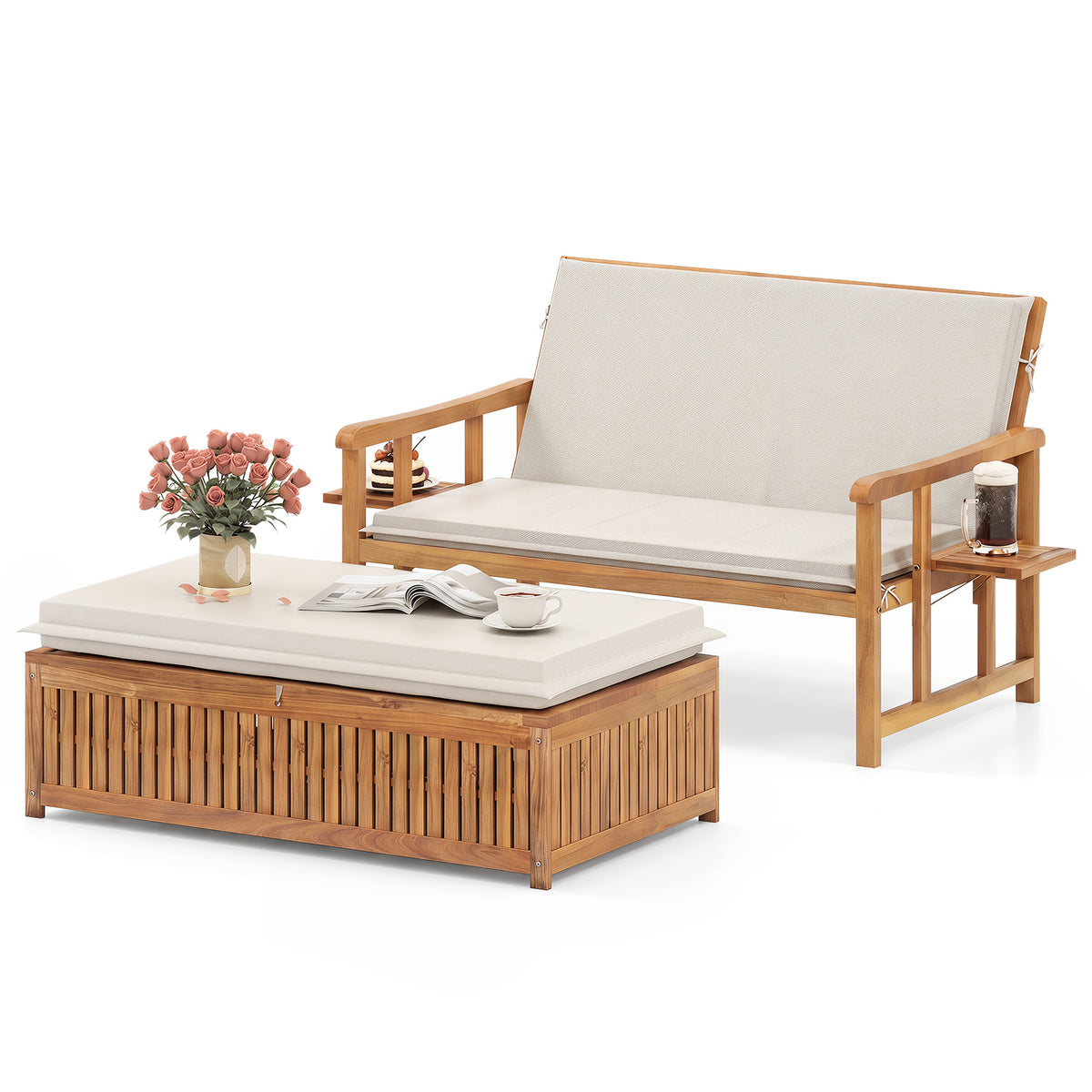 Acacia Wood Garden Daybed with Adjustable Backrest and Side Trays for Patio-White