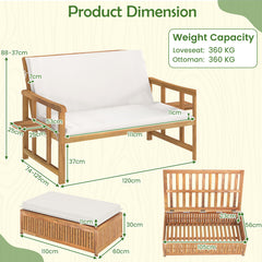 Acacia Wood Garden Daybed with Adjustable Backrest and Side Trays for Patio-White