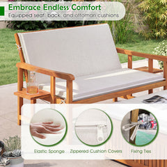 Acacia Wood Garden Daybed with Adjustable Backrest and Side Trays for Patio-White