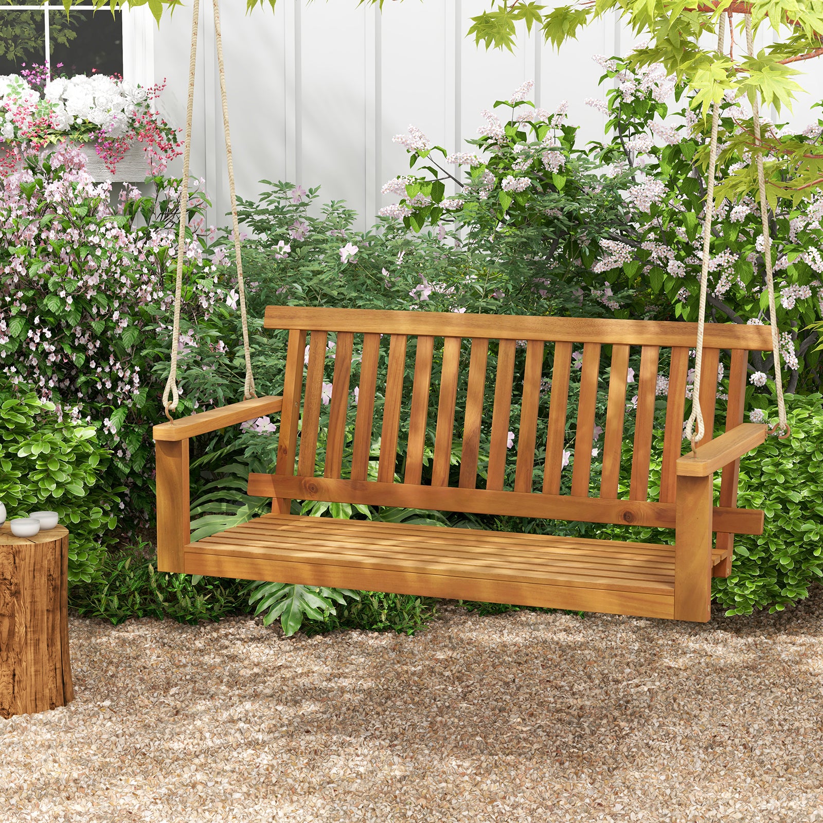 Acacia Wood Porch Swing with Slatted Seat and Backrest