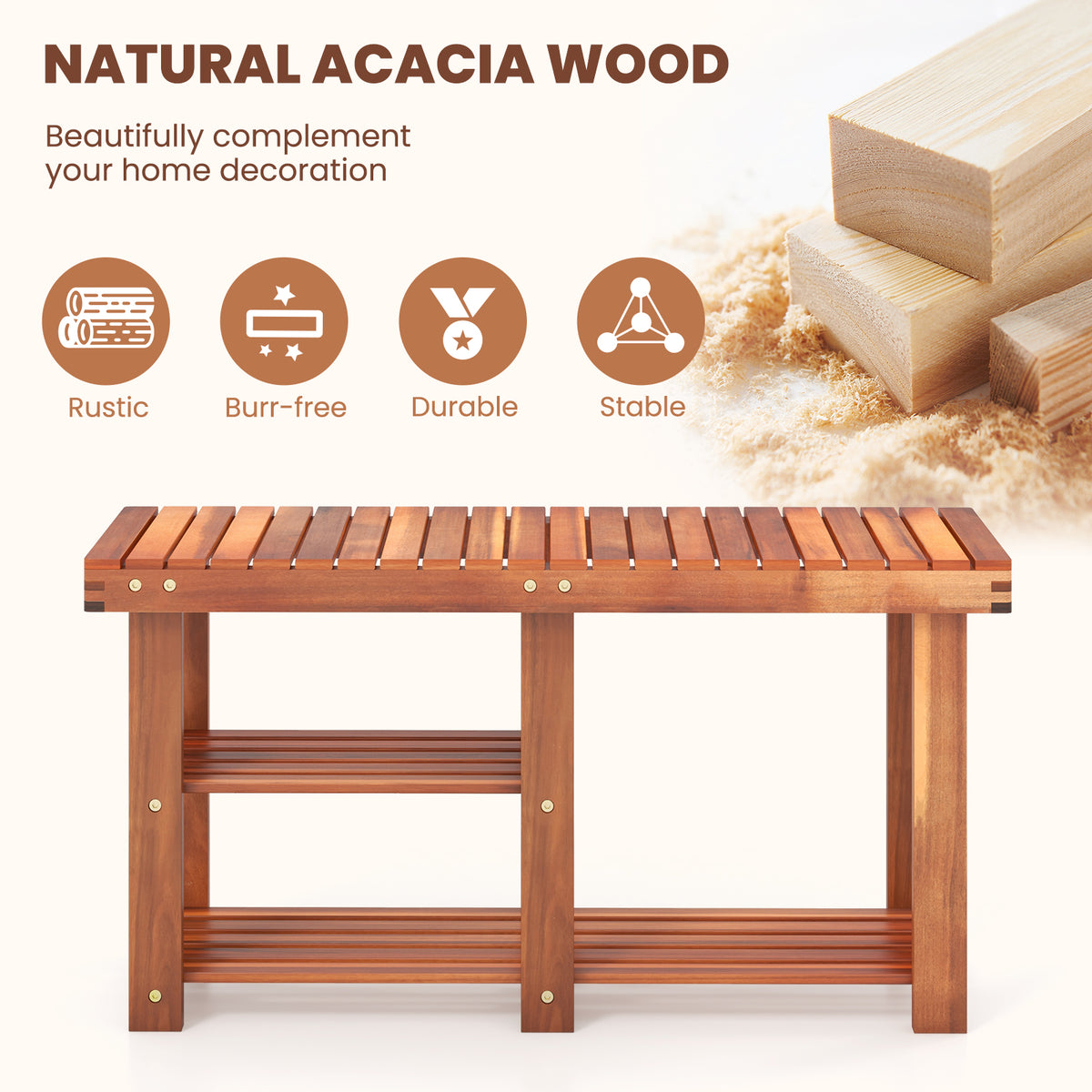 Acacia Wood Shoe Rack Bench 3-Tier Shoe Organizer Storage Shelf-L