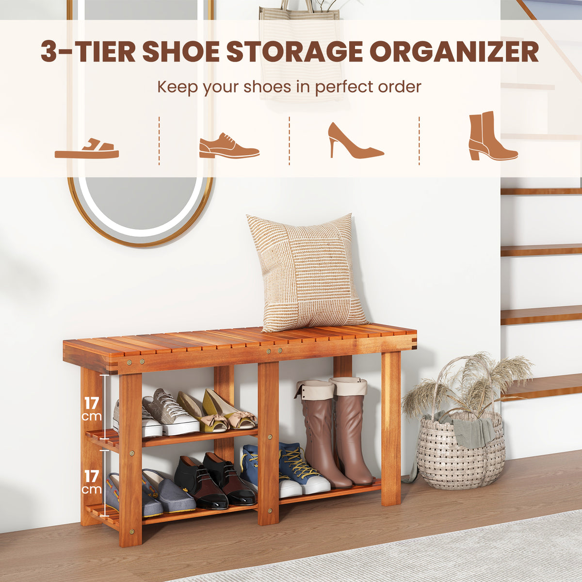 Acacia Wood Shoe Rack Bench 3-Tier Shoe Organizer Storage Shelf-L