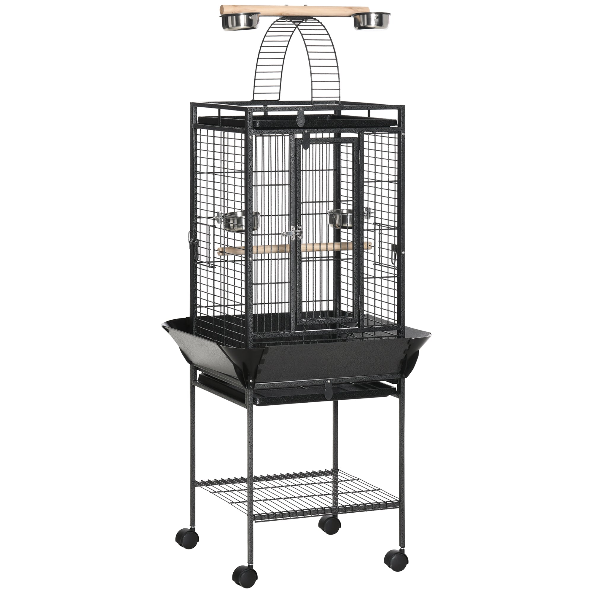 PawHut 156cm Bird Cage,Large Parrot Cage with Open Play Top, Perch, Seed Guard, Wheels, Storage Shelf, Dark Grey