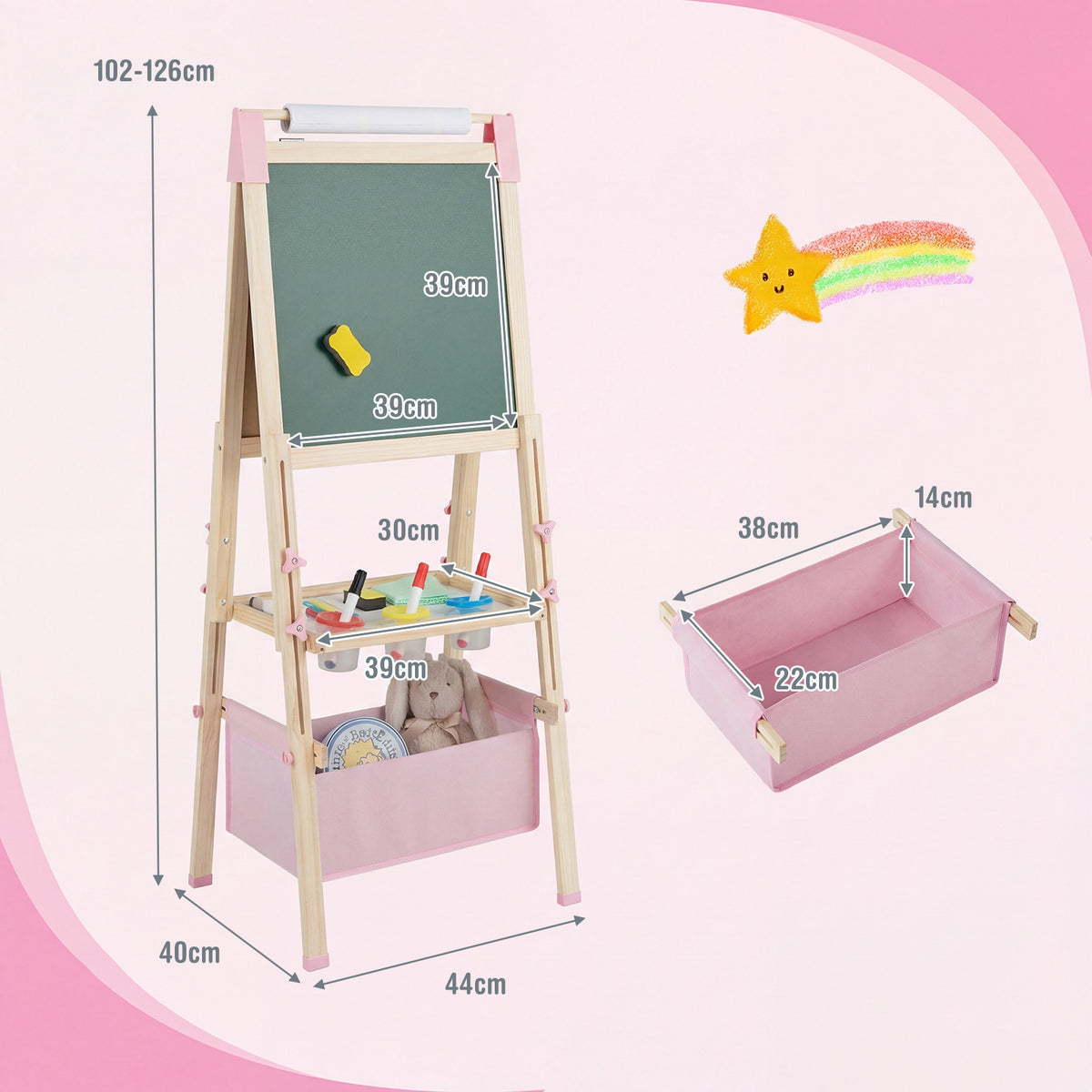 Adjustable Double Sided Kids Wooden Art Easel-Pink