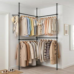 Adjustable Floor to Ceiling Clothes Rack with 2 Hanging Rods Folding Drying Rack and Reacher Pole-Black