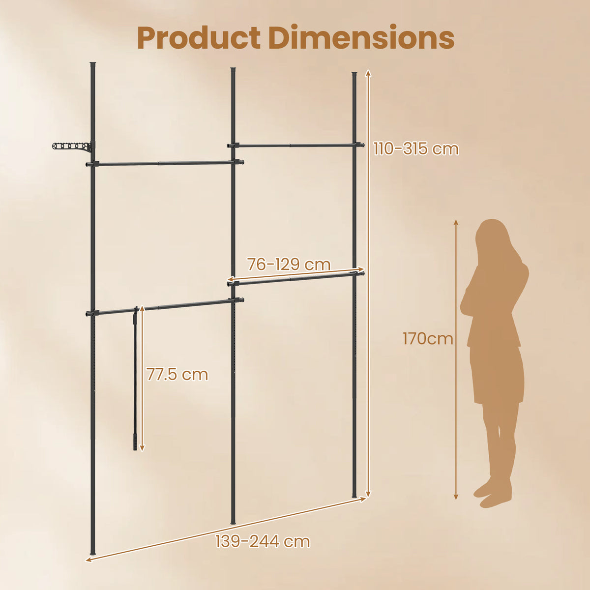 Adjustable Floor to Ceiling Clothes Rack with 2 Hanging Rods Folding Drying Rack and Reacher Pole-Black