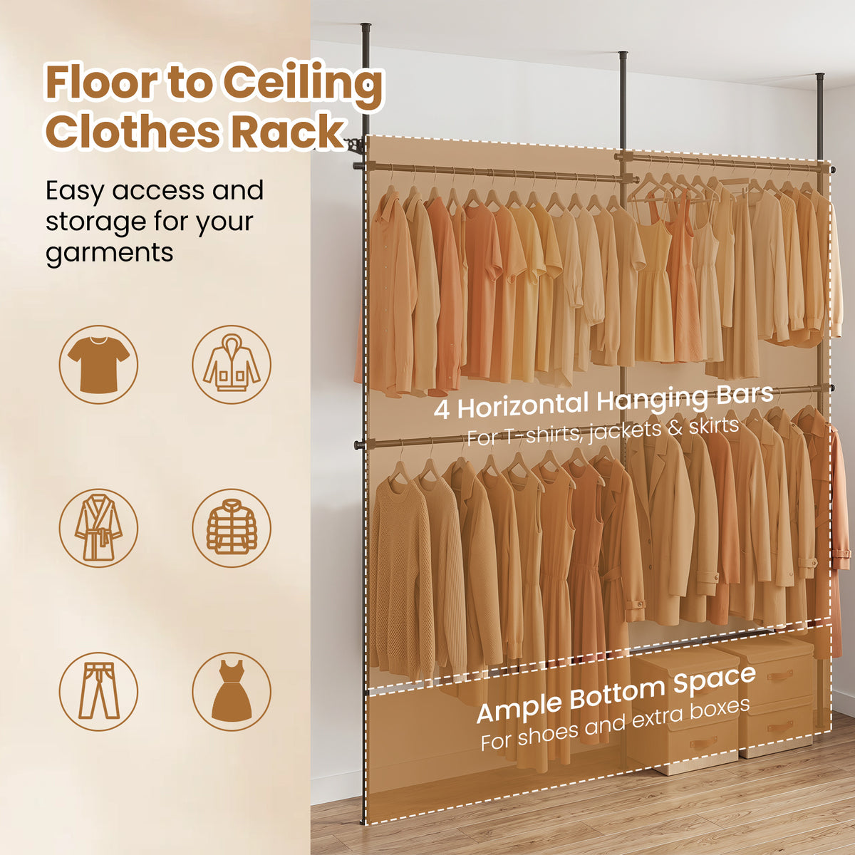 Adjustable Floor to Ceiling Clothes Rack with 2 Hanging Rods Folding Drying Rack and Reacher Pole-Black