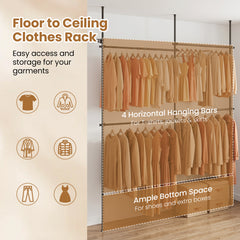Adjustable Floor to Ceiling Clothes Rack with 2 Hanging Rods Folding Drying Rack and Reacher Pole-Black
