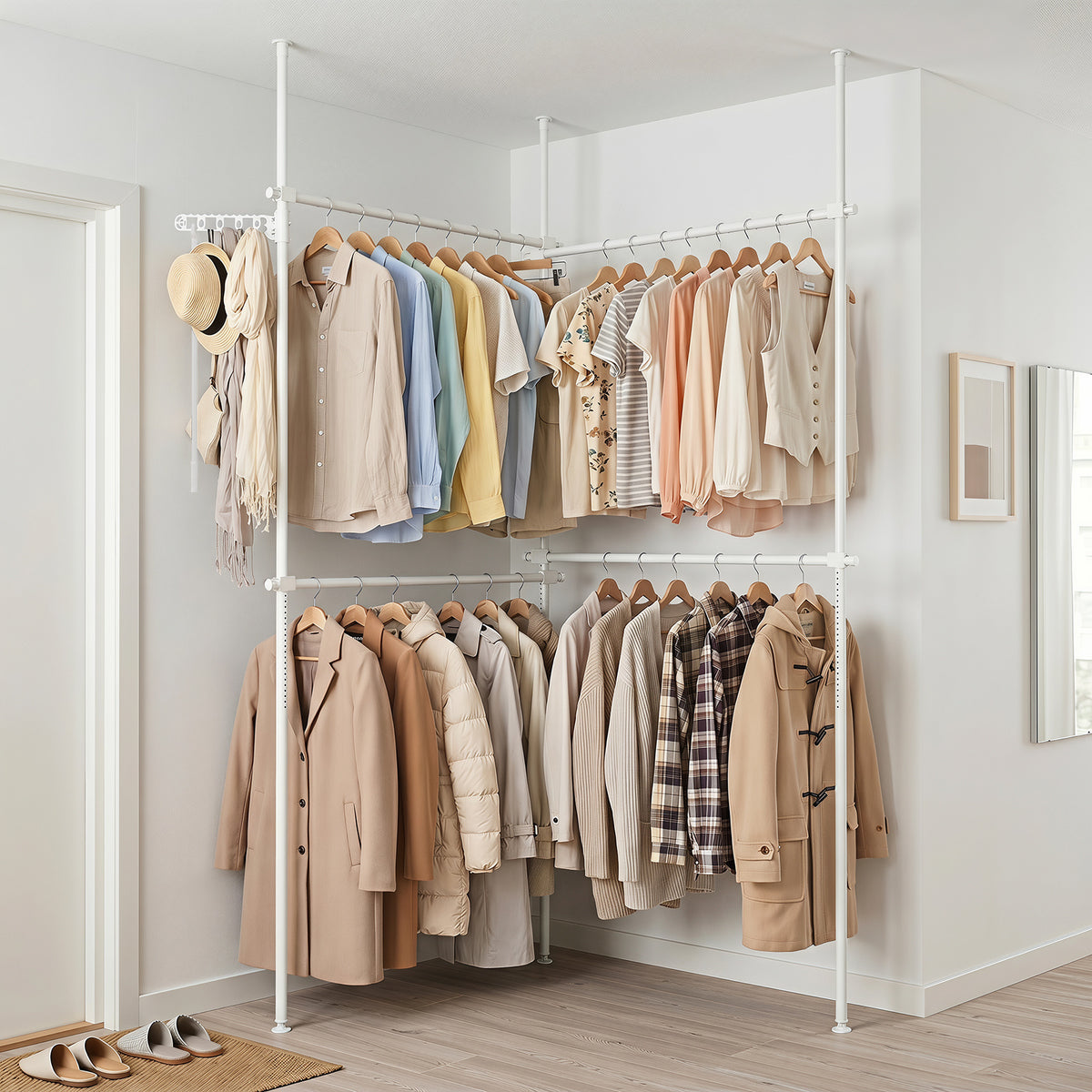 Adjustable Floor to Ceiling Clothes Rack with 2 Hanging Rods Folding Drying Rack and Reacher Pole-White