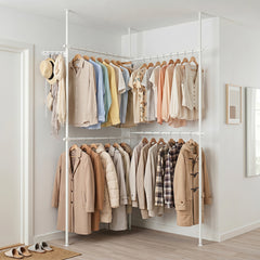 Adjustable Floor to Ceiling Clothes Rack with 2 Hanging Rods Folding Drying Rack and Reacher Pole-White