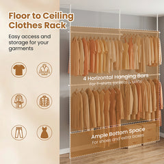 Adjustable Floor to Ceiling Clothes Rack with 2 Hanging Rods Folding Drying Rack and Reacher Pole-White