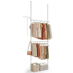 Adjustable Floor to Ceiling Clothes Rack with Double Rods & Folding Drying Rack for Laundry-White