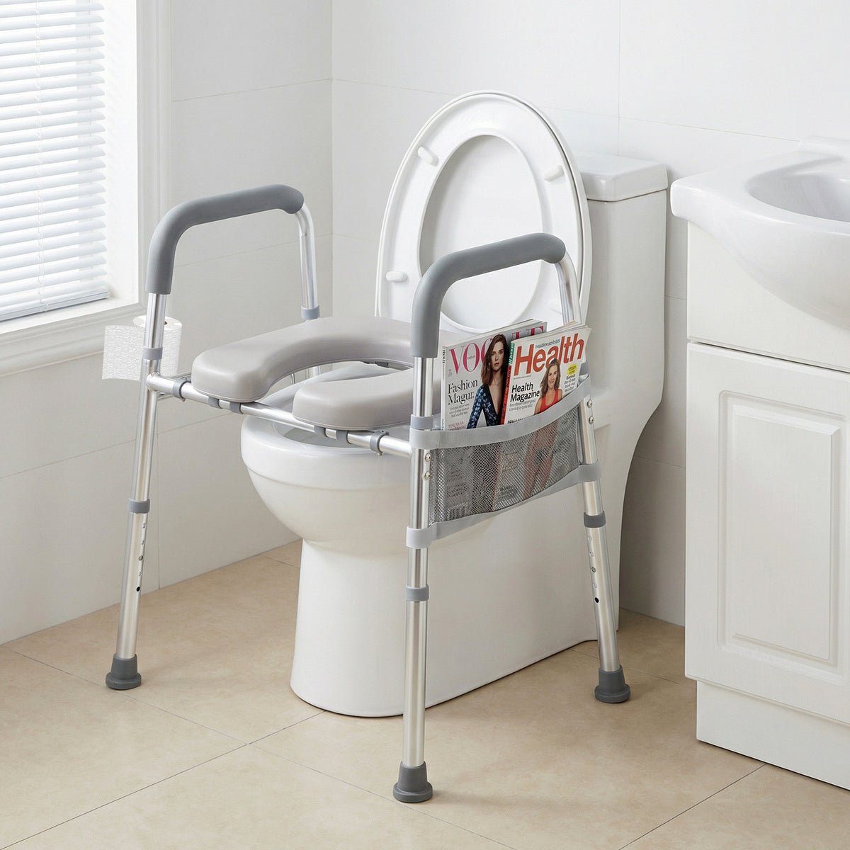 Adjustable Height and Width Raised Toilet Seat for Seniors with Padded Arms and Storage Bag-Silver
