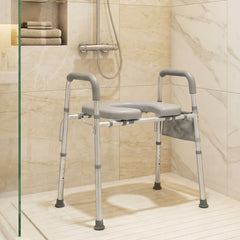 Adjustable Height and Width Raised Toilet Seat for Seniors with Padded Arms and Storage Bag-Silver