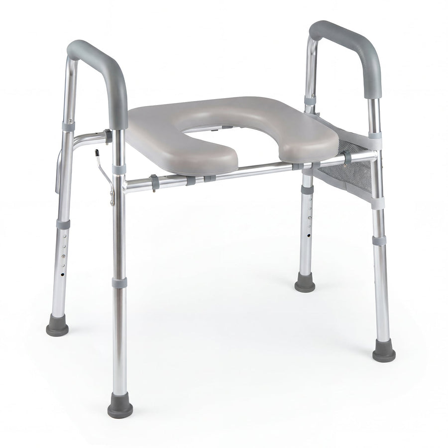Adjustable Height and Width Raised Toilet Seat for Seniors with Padded Arms and Storage Bag-Silver