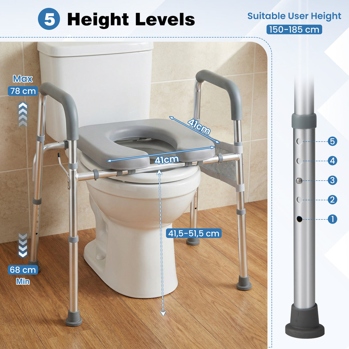 Adjustable Height and Width Raised Toilet Seat for Seniors with Padded Arms and Storage Bag-Silver