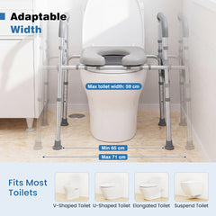 Adjustable Height and Width Raised Toilet Seat for Seniors with Padded Arms and Storage Bag-Silver