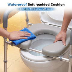Adjustable Height and Width Raised Toilet Seat for Seniors with Padded Arms and Storage Bag-Silver