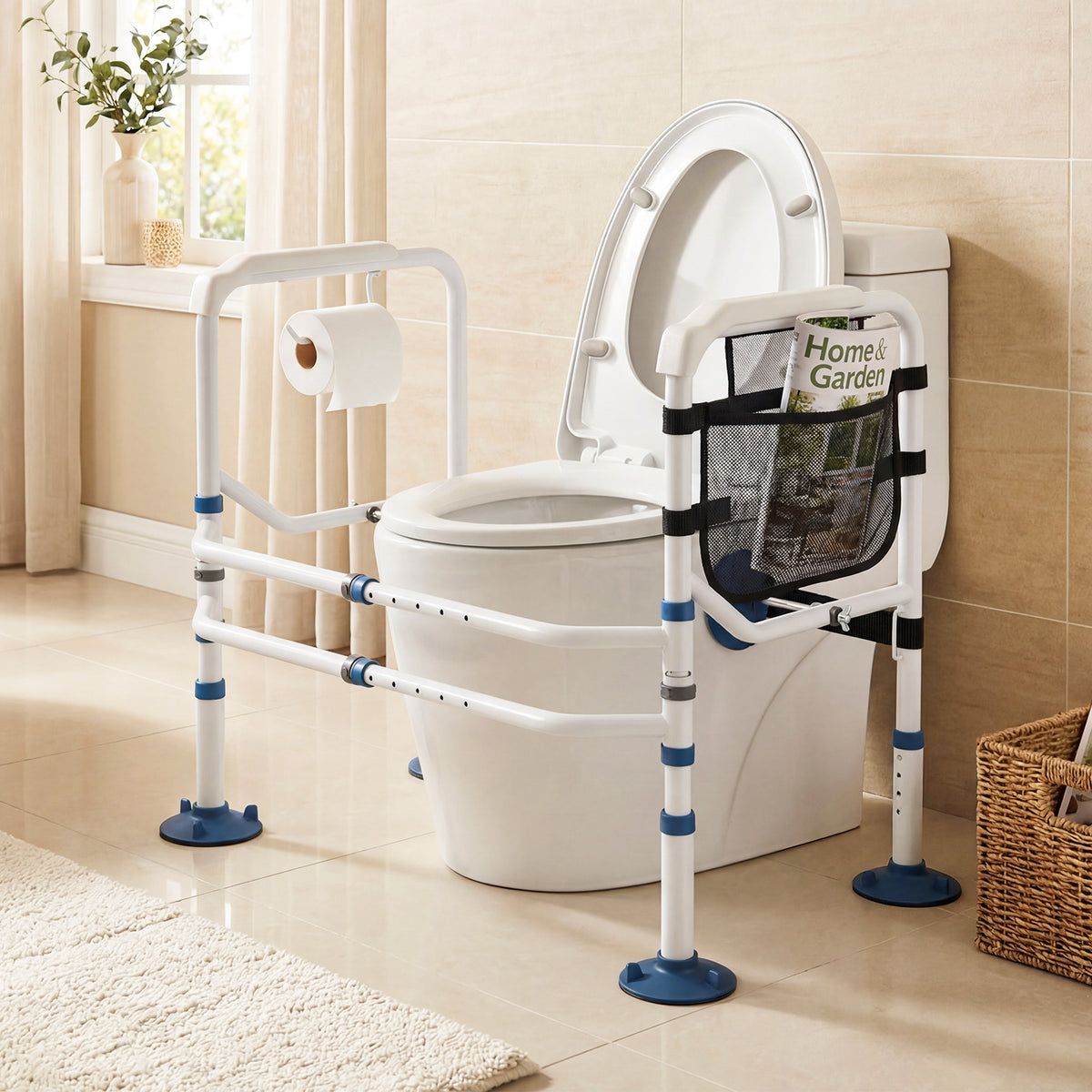 Adjustable Height and Width Toilet Safety Rails with Non-Slip Grip and Suction Legs-White